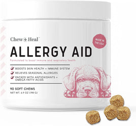 Chew+Heal Allergy Aid supplement container for dogs with a dog illustration on a white background.
