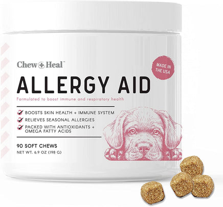 Chew+Heal Allergy Aid supplement container for dogs with a dog illustration on a white background.