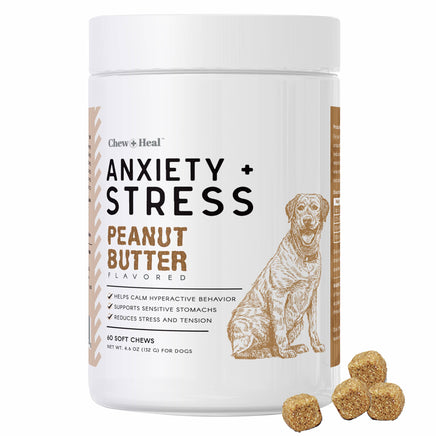 Dog anxiety and stress supplement with peanut butter flavor on a white background