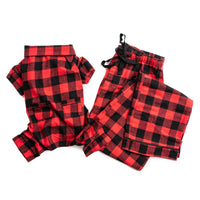 Red and black checkered pajama set on a white background