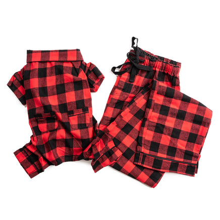 Red and black checkered pajama set on a white background