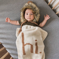 Hand Knit Baby Blanket  - "hI" Baby Blanker - Ivory / Pecan
