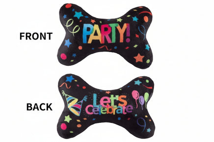 Two black bone-shaped toys with colorful 'PARTY!' and 'Let's Celebrate' text on a white background.