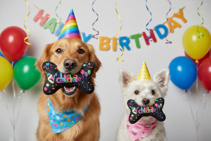 Twodogs holding black bone-shaped toys with 'Let's Celebrate' text and colorful graphics on a white background.