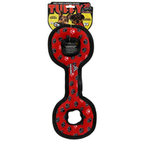 Red and black dog toy with paw prints on a white background, featuring Tuffy branding.