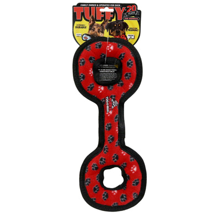 Red and black dog toy with paw prints on a white background, featuring Tuffy branding.
