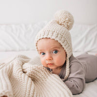 Baby Pom Hat / Bonnet Style Baby Hat / Hand Knit / Natural