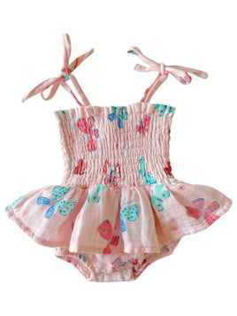 Baby outfit with pink top and ruffled bloomers featuring colorful butterfly designs on a white background.