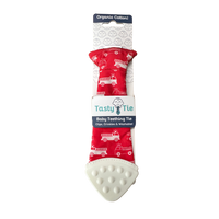 Baby teething tie with red and white design on a white background