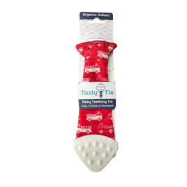 Baby teething tie with red and white design on a white background