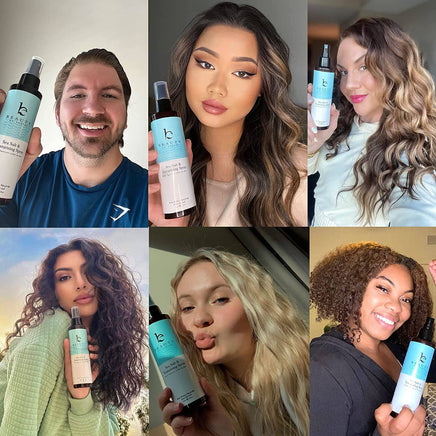 Collage of people holding a hair care product with different hairstyles and expressions.