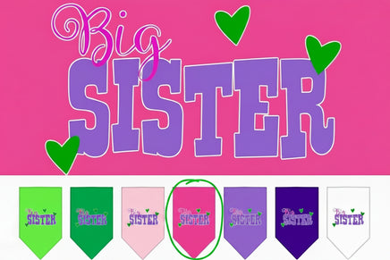 'Big Sister' dog bandanas in various colors on a black background
