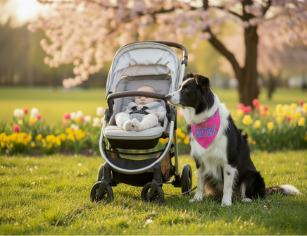 A baby sits in a stroller on a grassy lawn next to a black and white dog wearing a pink bandana, with blooming cherry blossom trees and tulips in the background.