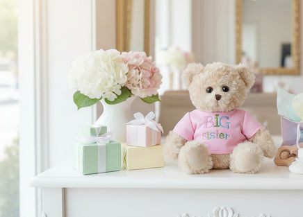 Teddy bear wearing a pink shirt with 'Big Sister' text on a white background