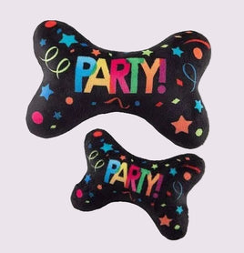 Two black bone-shaped toys with colorful 'PARTY!' text on a white background