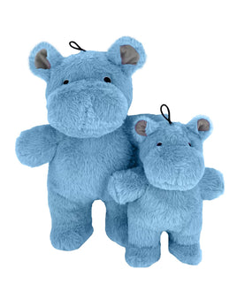 Two blue plush squeaky hippo dog toys on a white background
