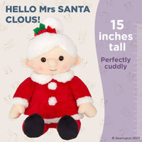 Plush toy dressed as Santa Claus with text about size and brand