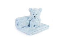 Blue teddy bear and blanket set on a white background