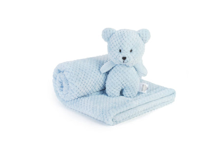 Blue teddy bear and blanket set on a white background