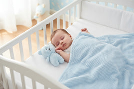 Blue teddy bear and blanket set on a white background