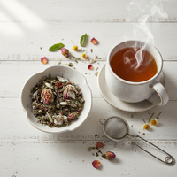 White bowl filled with dried herbs and flowers on a wooden surface