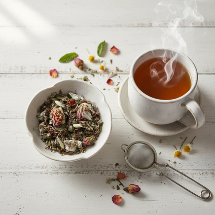 White bowl filled with dried herbs and flowers on a wooden surface