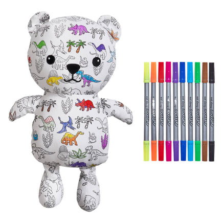 Colorable teddy bear with washable markers on a white background. the print is various dinosaurs