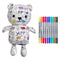 Colorable teddy bear with washable markers on a white background. the print is various dinosaurs