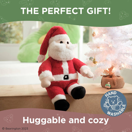 Plush Santa Claus toy on a shelf with Christmas decorations and text 'The Perfect Gift! Huggable and cozy'.
