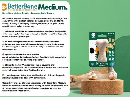 BetterBone Medium dog chew packaging with product description on a green background