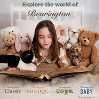 Girl reading a book surrounded by teddy bears with 'Explore the world of Bearington' text.