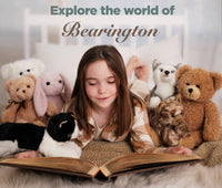 Girl reading a book surrounded by teddy bears with 'Explore the world of Bearington' text.