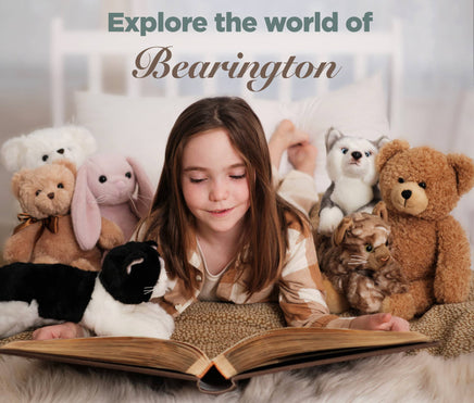 Girl reading a book surrounded by teddy bears with 'Explore the world of Bearington' text.