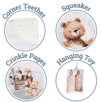 Baby product features including corner teether, squeaker, crinkle pages, and hanging toy on a white background.