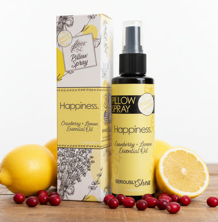 Pillow spray bottle and packaging with 'Seriously Shea' branding on a white background