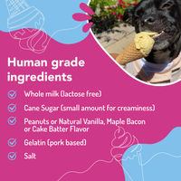 Dog eating ice cream with a list of human-grade ingredients on a pink background