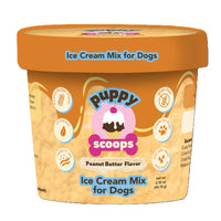 Puppy Scoops Peanut Butter Flavor ice cream mix for dogs in an orange container on a white background