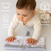 Baby playing with a book, surrounded by icons indicating washable quality, educational value, crinkle & squeaker features.