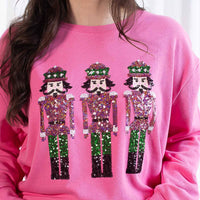 Womens Holiday Nutcracker Sequin Sweatshirt  - Pink