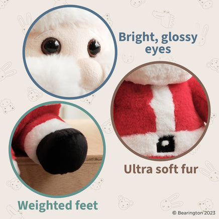 Close-up of a plush toy with bright glossy eyes, ultra soft fur, and weighted feet on a light background.