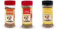 3 dog food toppers in peanut butter, bacon and cheezy flavors. all natural and made in the usa