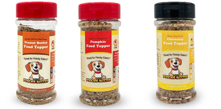 3 dog food toppers in peanut butter, bacon and cheezy flavors. all natural and made in the usa