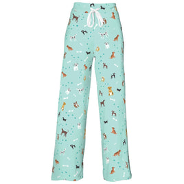 Light blue pajama pants with dog pattern on a white background