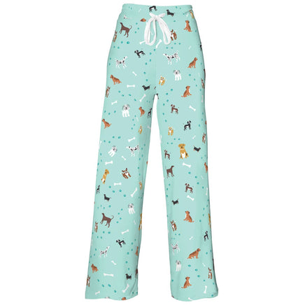 Light blue pajama pants with dog pattern on a white background