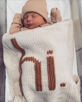 Hand Knit Baby Blanket  - "hI" Baby Blanker - Ivory / Pecan