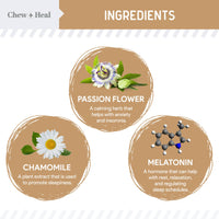 Ingredients of a supplement with images and descriptions of passion flower, chamomile, and melatonin.