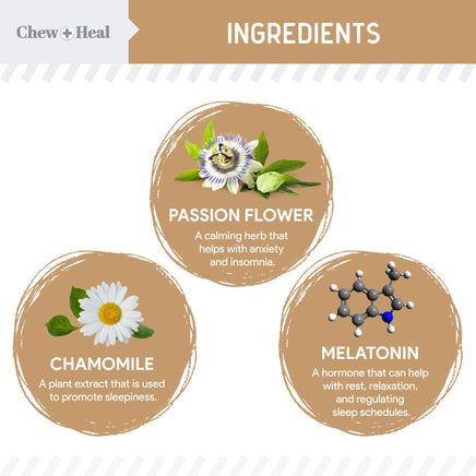 Ingredients of a supplement with images and descriptions of passion flower, chamomile, and melatonin.