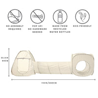 Product with eco-friendly features and dimensions on a white background