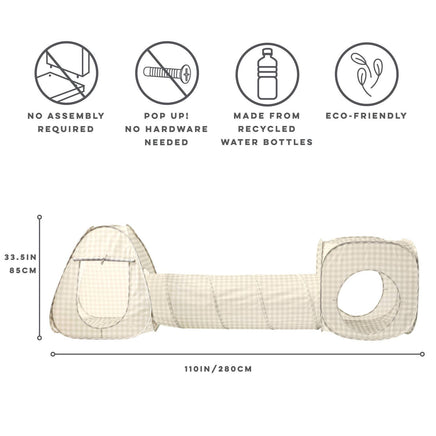 Product with eco-friendly features and dimensions on a white background