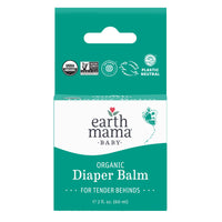 Package of Earth Mama Organic Diaper Balm with teal background and white label. The label includes the product name and an illustration of a baby's bottom.